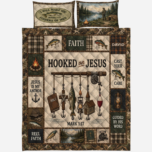 Fishing Lovers Gift, Hooked On Jesus - Personalized Fishing Quilt Set