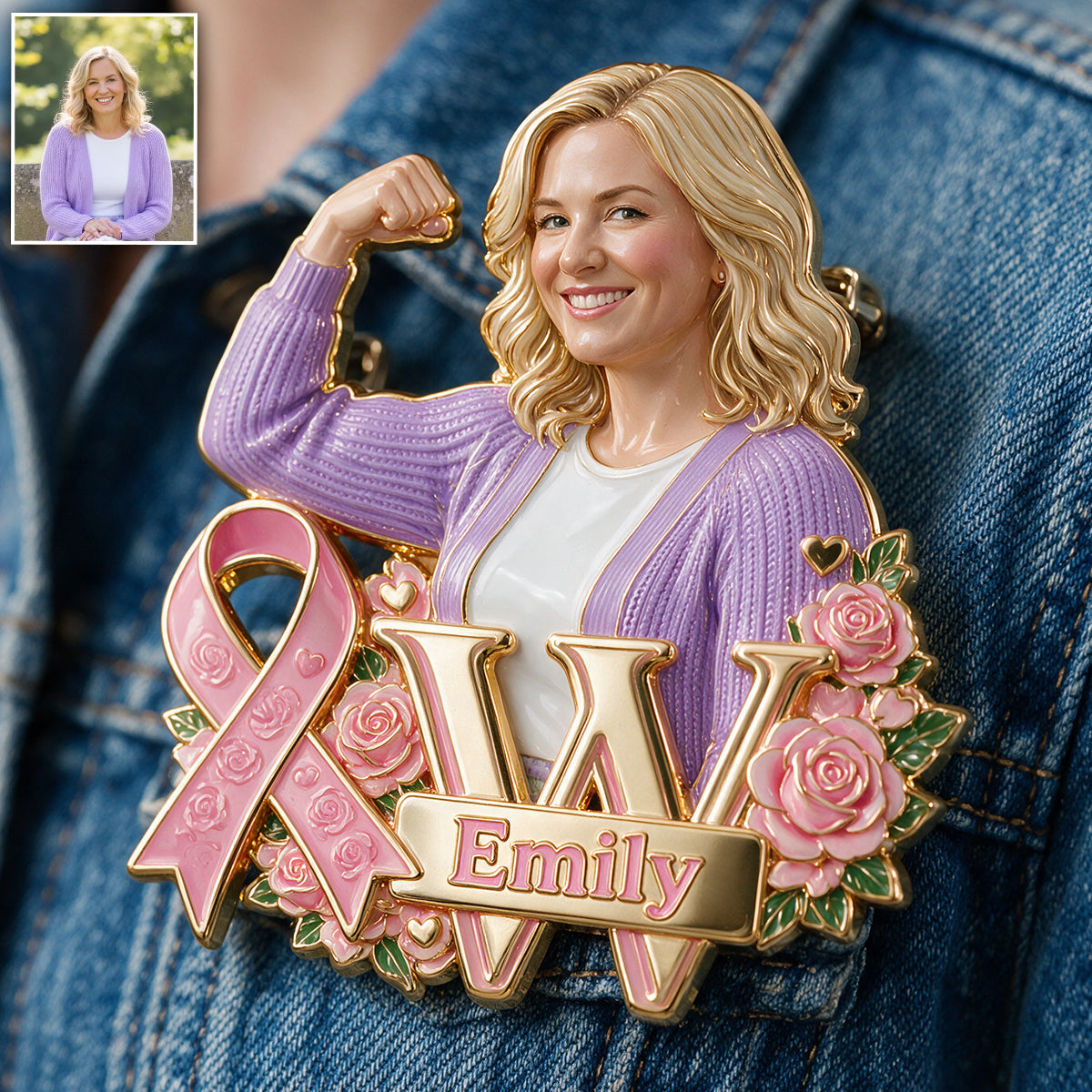 In This Fight, No One Stands Alone - Personalized Breast Cancer Awareness 3D Embossed Enamel Pin