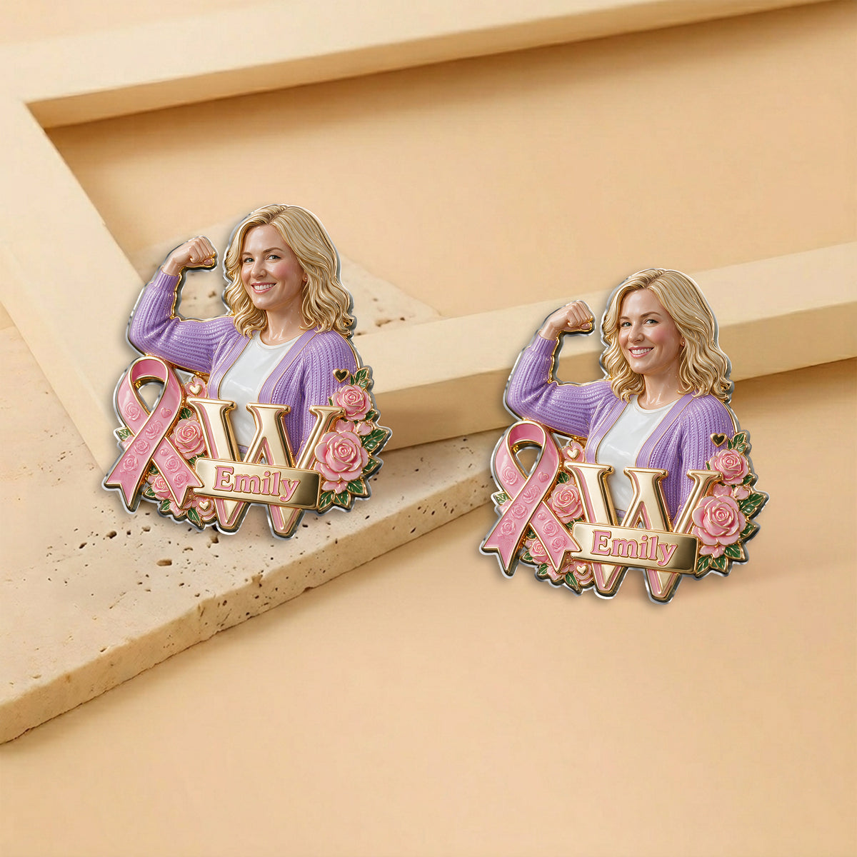 In This Fight, No One Stands Alone - Personalized Breast Cancer Awareness 3D Embossed Enamel Pin