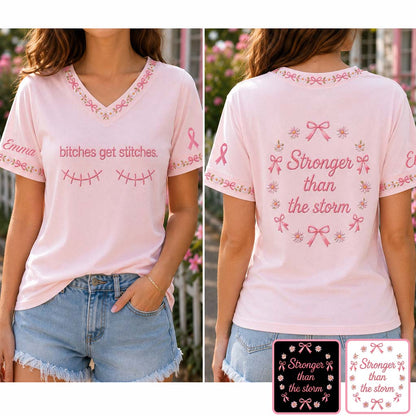 Breast Cancer Awareness, B*tches Get Stitches - Personalized Breast Cancer Awareness Fully Printed V-Neck T-Shirt