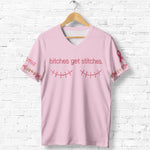 Breast Cancer Awareness, B*tches Get Stitches - Personalized Breast Cancer Awareness Fully Printed V-Neck T-Shirt