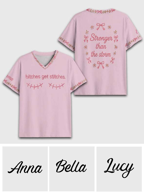Breast Cancer Awareness, B*tches Get Stitches - Personalized Breast Cancer Awareness Fully Printed V-Neck T-Shirt