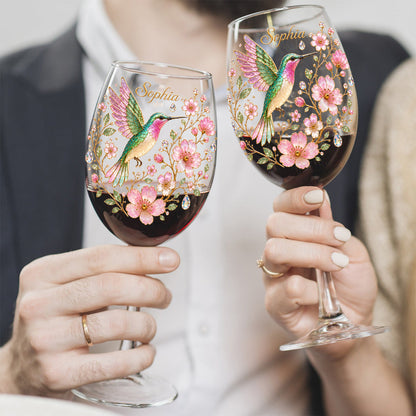 Pink Floral Hummingbird - Personalized Hummingbird Wine Glass With Long Stem