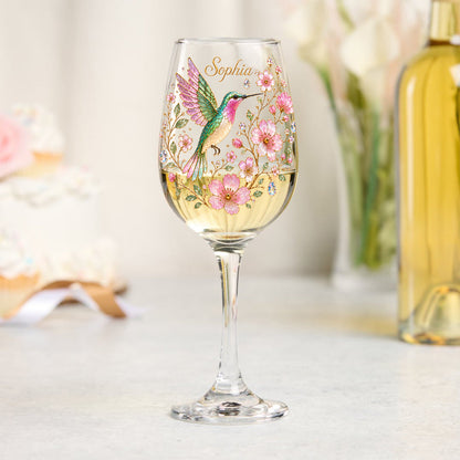 Pink Floral Hummingbird - Personalized Hummingbird Wine Glass With Long Stem