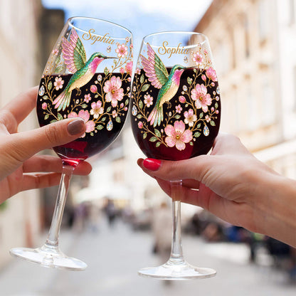 Pink Floral Hummingbird - Personalized Hummingbird Wine Glass With Long Stem