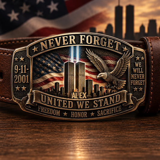 Never Forget - Personalized Patriot Leather Belt With Shaped Buckle