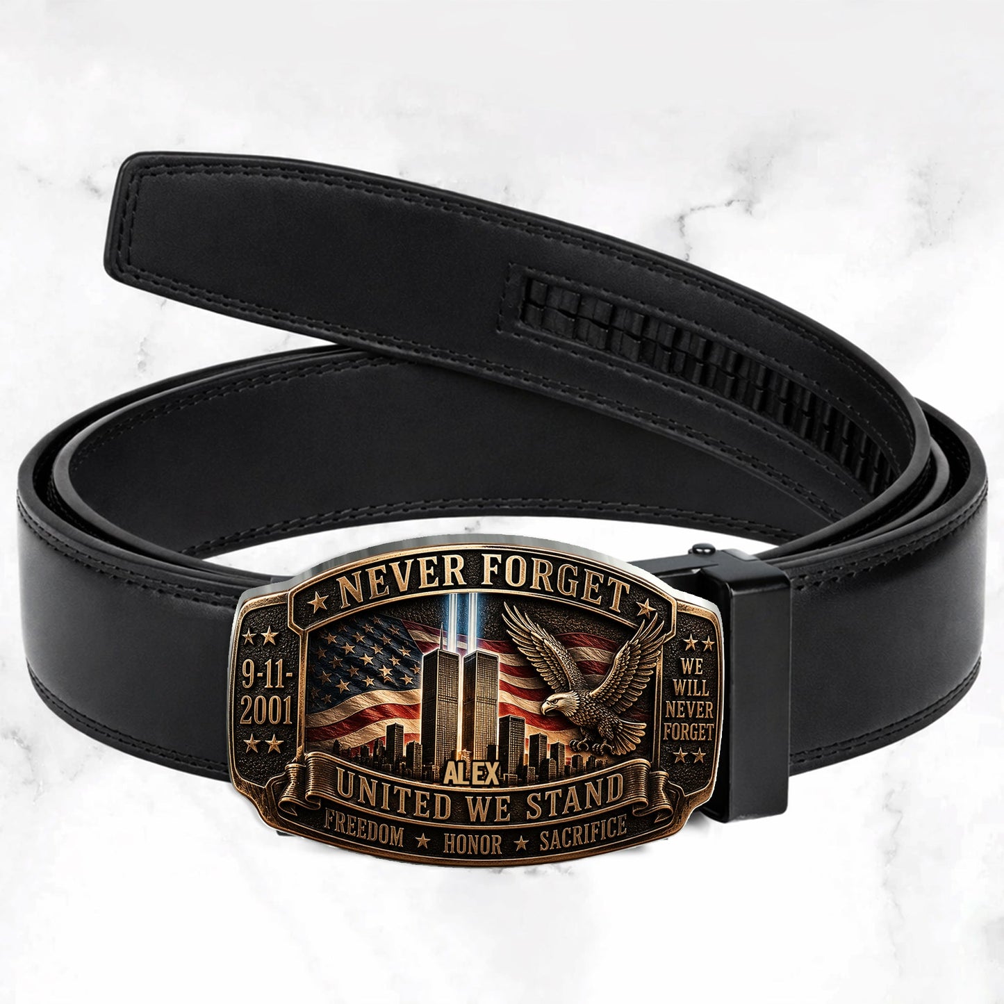 Never Forget - Personalized Patriot Leather Belt With Shaped Buckle