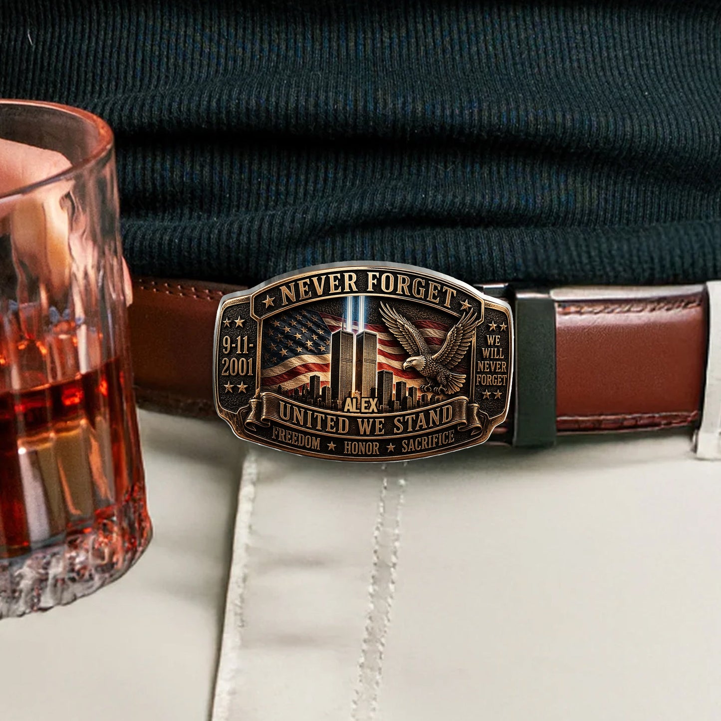 Never Forget - Personalized Patriot Leather Belt With Shaped Buckle