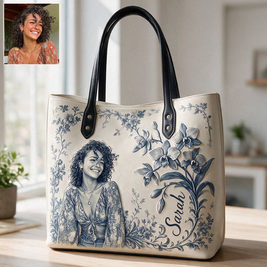 Birth Month Flower Toile de Jouy Style Custom Any Photo - Personalized Self Love Leather Bag