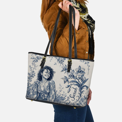 Birth Month Flower Toile de Jouy Style Custom Any Photo - Personalized Self Love Leather Bag