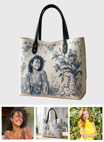 Birth Month Flower Toile de Jouy Style Custom Any Photo - Personalized Self Love Leather Bag