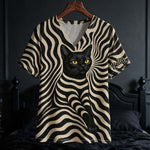Cool Psychedelic Style Artistic Black Cat - Personalized Black Cat Fully Printed V-Neck T-Shirt