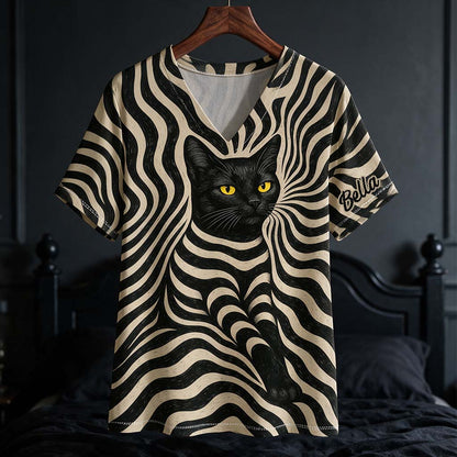 Cool Psychedelic Style Artistic Black Cat - Personalized Black Cat Fully Printed V-Neck T-Shirt