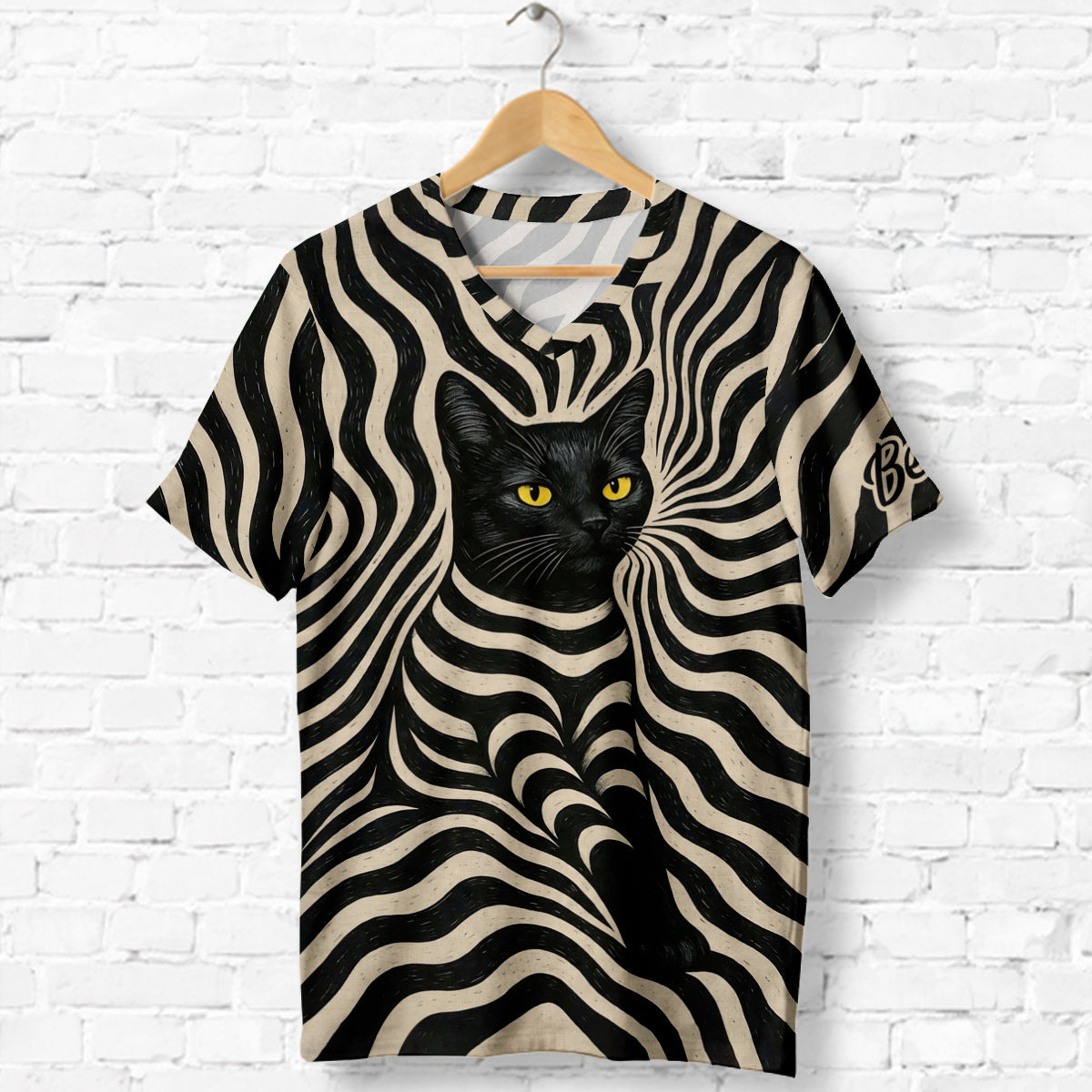 Cool Psychedelic Style Artistic Black Cat - Personalized Black Cat Fully Printed V-Neck T-Shirt