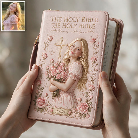 In His Garden, I Bloom - Personalized Christian Leather Bible Cover Bag