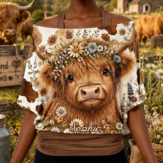 Cute Highland Cows - Personalized Highland Cow Off-Shoulder Top Set