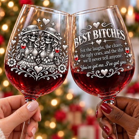 Chaos Together - Personalized Bestie Wine Glasses Set With Wooden Box