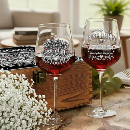 Chaos Together - Personalized Bestie Wine Glasses Set With Wooden Box