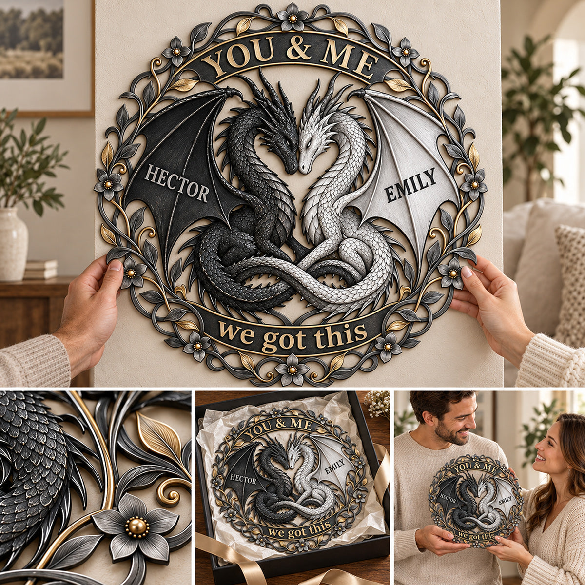 You & Me Dragon Couple - Personalized Dragon 3D Printed Cut Metal Sign