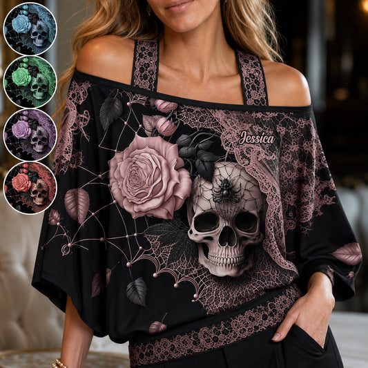 Beautiful Rose Skull - Personalized Skull Off-Shoulder Top Set
