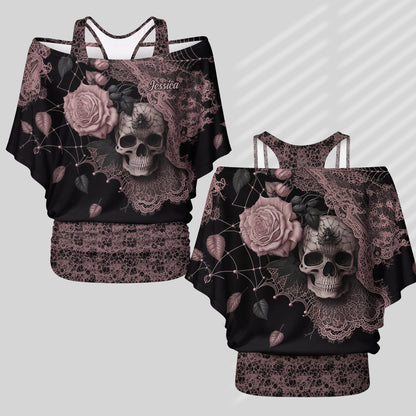 Beautiful Rose Skull - Personalized Skull Off-Shoulder Top Set