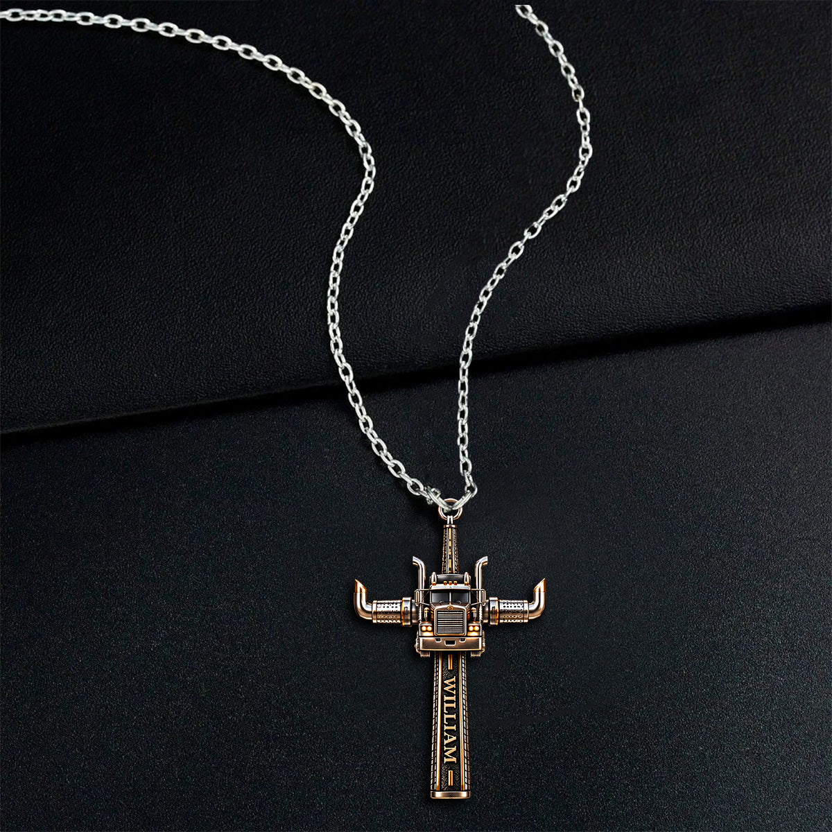 Semi Truck Cross - Personalized Trucker Shaped Metal Pendant Necklace