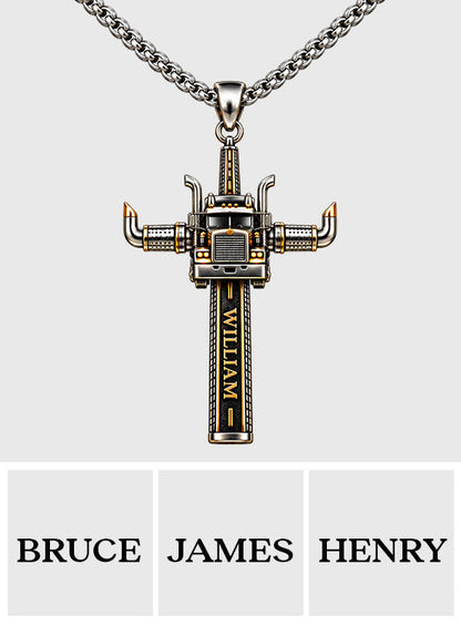 Semi Truck Cross - Personalized Trucker Shaped Metal Pendant Necklace