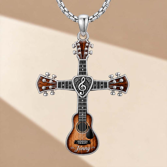 Love God, Love Music - Personalized Guitar Shaped Metal Pendant Necklace