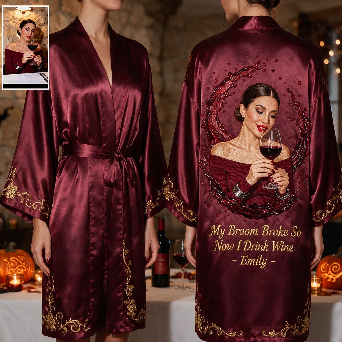 My Broom Broke - Personalized Wine Satin Robe