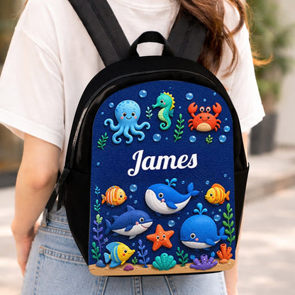 Ocean Life, Back To School Gift - Personalized Kid Changeable Leather Patch Backpack