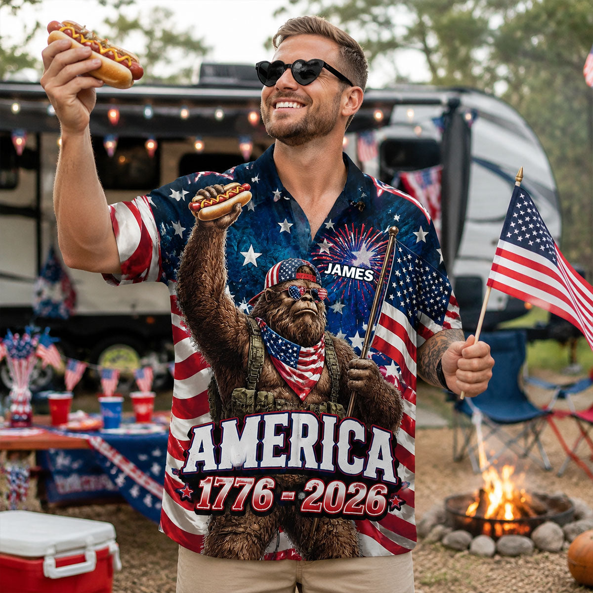 Bigfoot, Hiking/ Camping/ Fishing Lovers Gift, America Sasquatch, 4th Of July - Personalized Camping Hawaiian Shirt