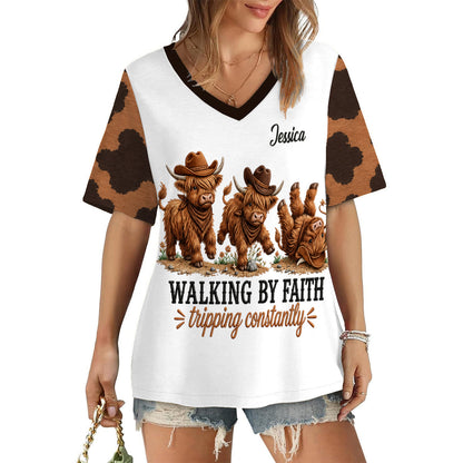 Walking By Faith Tripping Constantly - Personalized Highland Cow Fully Printed V-Neck T-Shirt