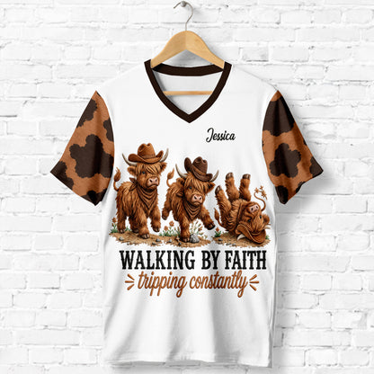 Walking By Faith Tripping Constantly - Personalized Highland Cow Fully Printed V-Neck T-Shirt