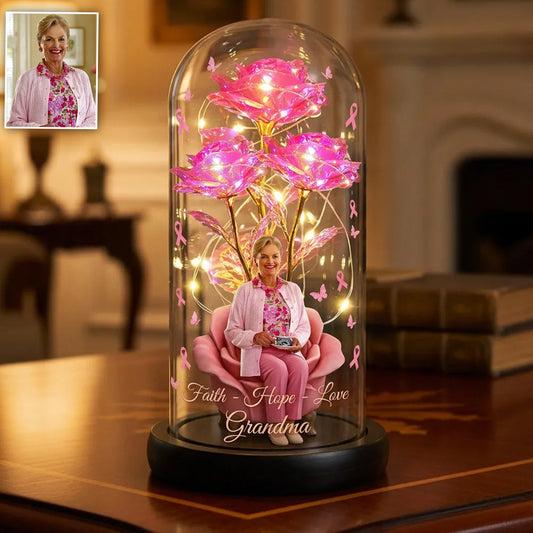 Faith Hope Love - Personalized Breast Cancer Awareness Glowing Roses Glass Dome