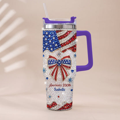 America's 250th Bow - Personalized Independence Day/ 4th of July Rhinestone Tumbler With Plush Charm