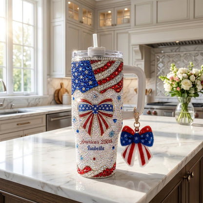 America's 250th Bow - Personalized Independence Day/ 4th of July Rhinestone Tumbler With Plush Charm