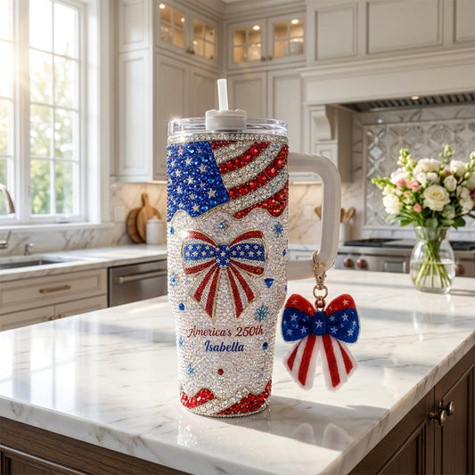 America's 250th Bow - Personalized Independence Day/ 4th of July Rhinestone Tumbler With Plush Charm