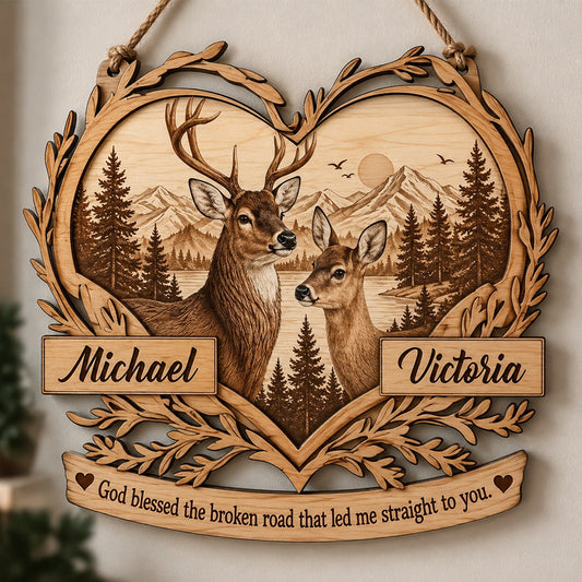 God Blessed The Broken Road That Led Me Straight To You - Personalized Couple Custom Shaped Wood Sign