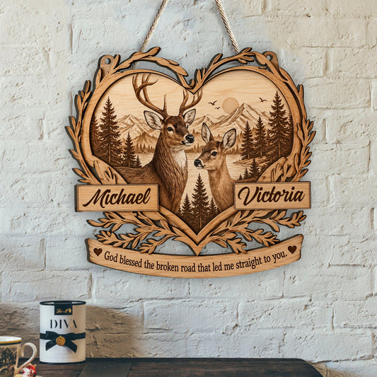 God Blessed The Broken Road That Led Me Straight To You - Personalized Couple Custom Shaped Wood Sign