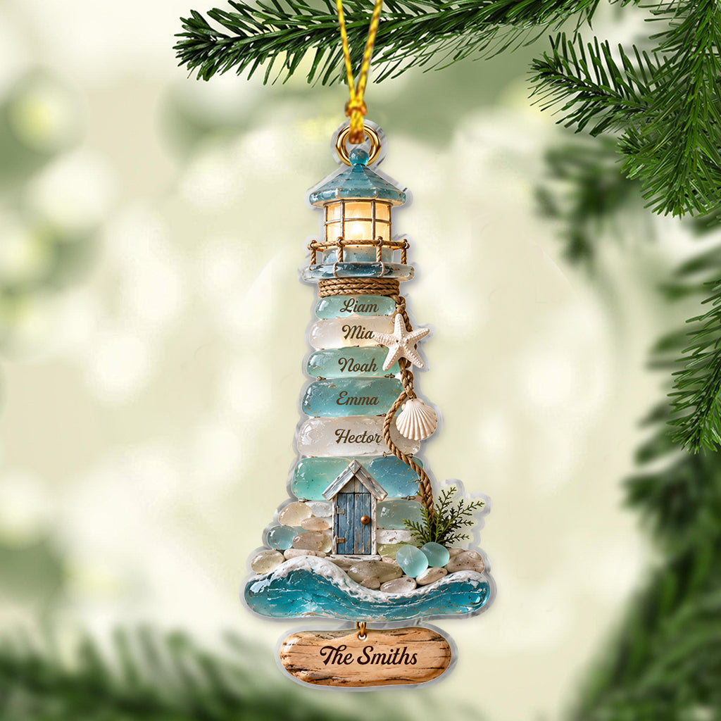 Coastal Sea Glass Lighthouse Christmas - Personalized Family Ornament