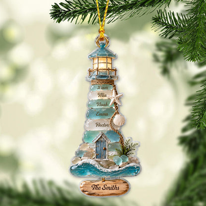 Coastal Sea Glass Lighthouse Christmas - Personalized Family Ornament