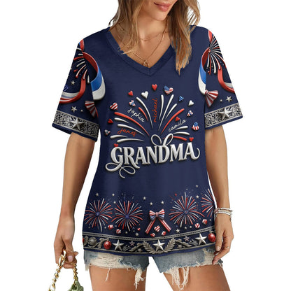 Patriotic Grandma Shirt - Personalized Grandma Fully Printed V-Neck T-Shirt