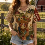 Highland Cow, Autumn Vibes - Personalized Highland Cow Fully Printed V-Neck T-Shirt