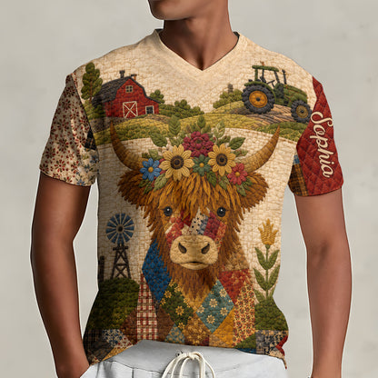 Highland Cow, Autumn Vibes - Personalized Highland Cow Fully Printed V-Neck T-Shirt