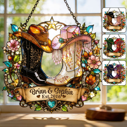 Western, Cowboy Cowgirl Couple Gift - Personalized Western Outfit Window Hanging Suncatcher Ornament