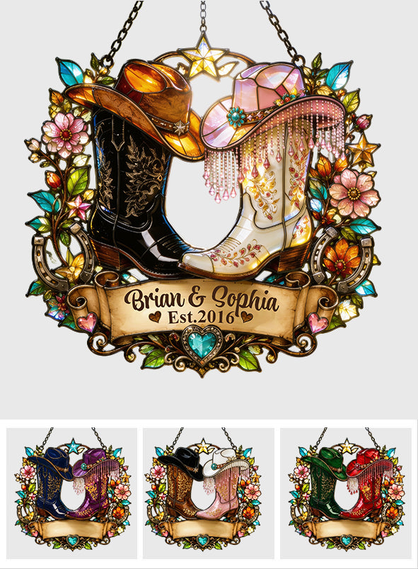 Western, Cowboy Cowgirl Couple Gift - Personalized Western Outfit Window Hanging Suncatcher Ornament