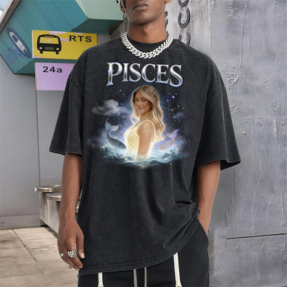 Custom Any Photo Zodiac Style - Personalized Horoscope Wash T-Shirt