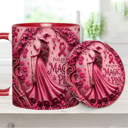 Fueled By Magic & Pink - Personalized Breast Cancer Awareness Accent Mug & Coaster