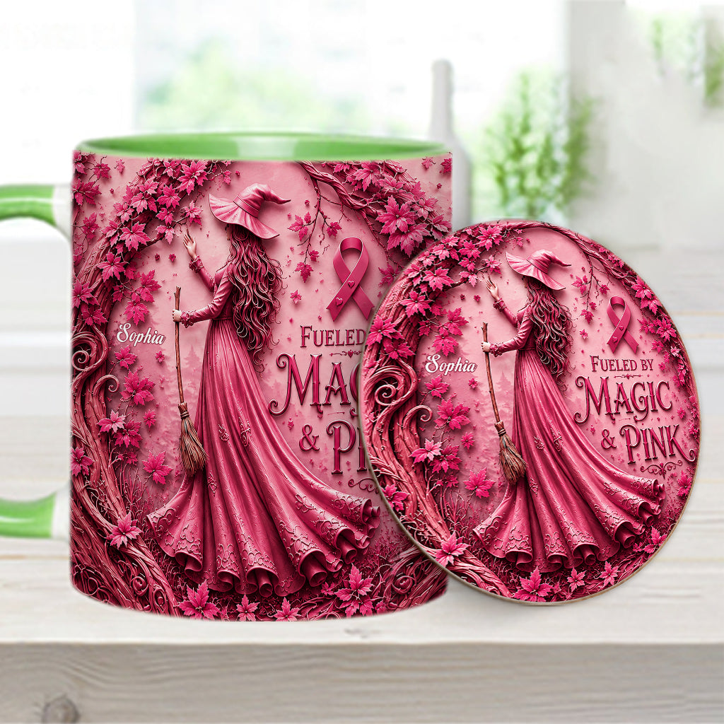 Fueled By Magic & Pink - Personalized Breast Cancer Awareness Accent Mug & Coaster