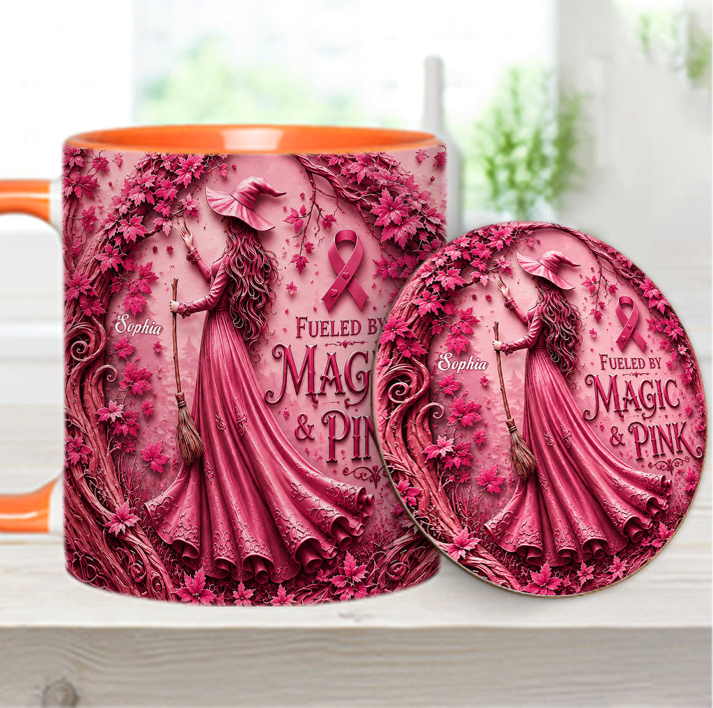 Fueled By Magic & Pink - Personalized Breast Cancer Awareness Accent Mug & Coaster